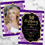 Floral Purple Gold Photo 50th Birthday Invitation<br><div class="desc">Elegant floral feminine 50th birthday invitation with your photo at the back of the card. Glam purple black white design with faux glitter gold. Features stripes, purple roses, script font and confetti. Perfect for a stylish adult bday celebration party. Personalise with your own details. Can be customised for any age!...</div>