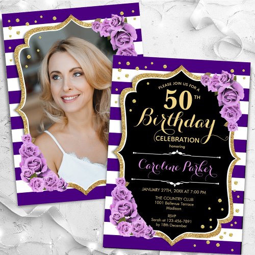 Floral Purple Gold Photo 50th Birthday Invitation