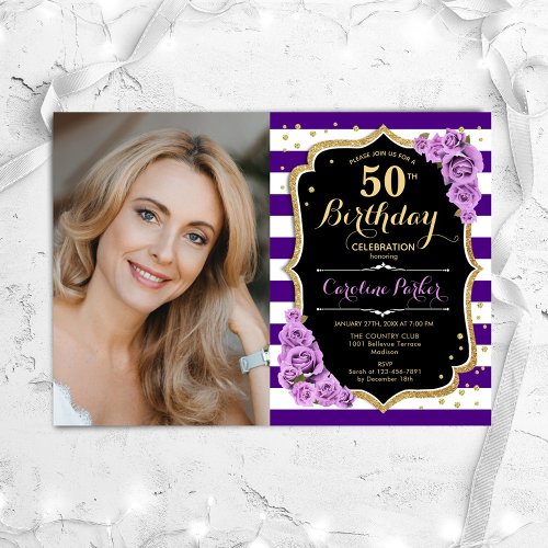 Floral Purple Gold Photo 50th Birthday Invitation