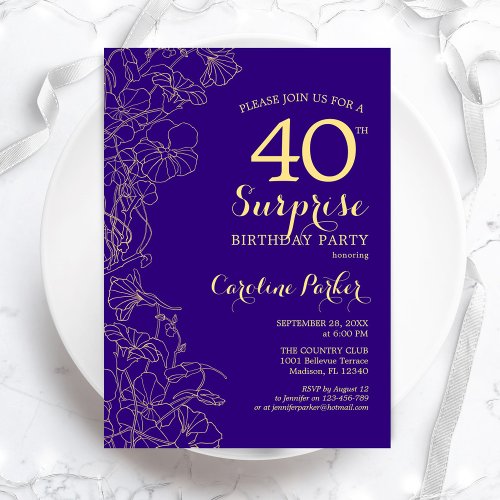 Floral Purple Gold Surprise 40th Birthday Party Invitation