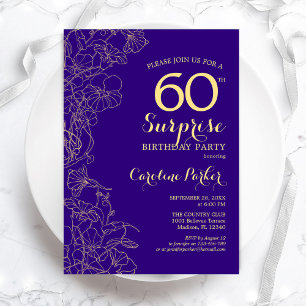 Floral Purple Gold Surprise 60th Birthday Party Invitation
