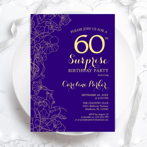 Floral Purple Gold Surprise 60th Birthday Party Invitation