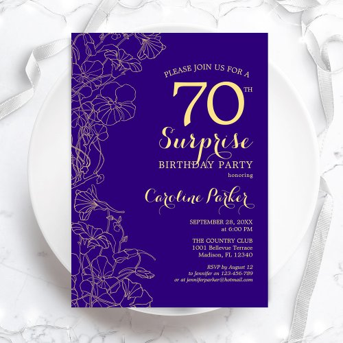 Floral Purple Gold Surprise 70th Birthday Party Invitation