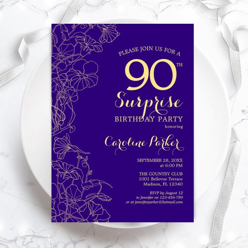 Floral Purple Gold Surprise 90th Birthday Party Invitation