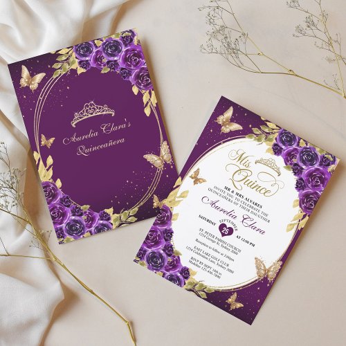 Floral Purple Gold Tiara Butterfly Mis Quinceaera Invitation