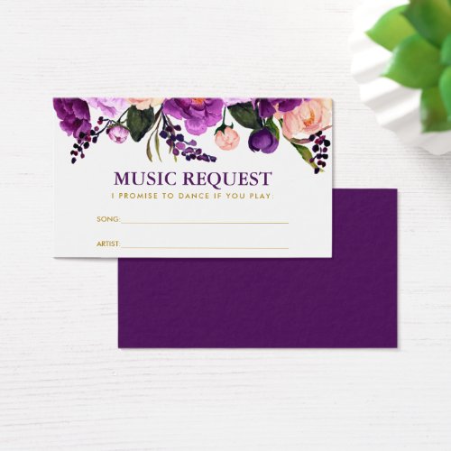 Floral Purple Gold Wedding Music Song Request Card