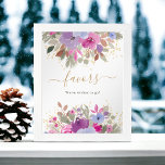 Floral Purple Gold Winter favors bridal shower Poster<br><div class="desc">Delight your guests with winter charm using our Elegant Winter Floral Bridal Shower Favors Sign. This hand-painted design showcases a blend of enchanting purple, ice blue, pink, and sage green floral watercolors, complemented by bold flowers and faux gold glitter confetti. The elegant script font adds a touch of sophistication, making...</div>