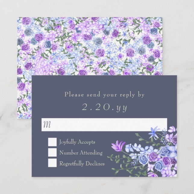 Floral Purple & Gray Calligraphy Wedding RSVP Card (Front/Back)