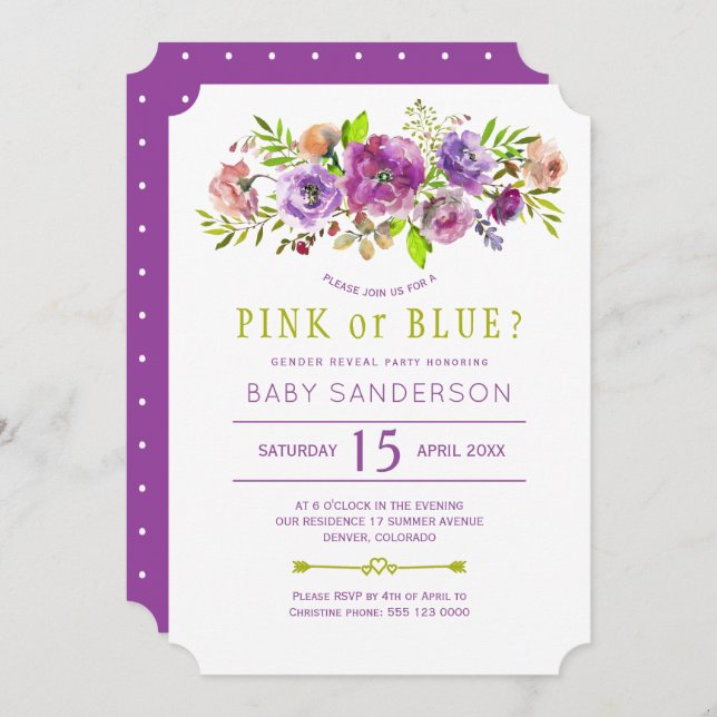 Floral purple green baby gender reveal party invitation (Front/Back)