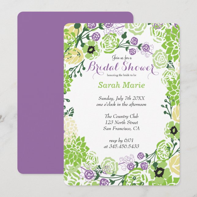 Floral Purple & Green Flower Wreath Invitation (Front/Back)