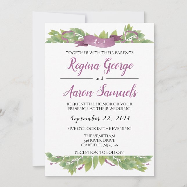 Floral Purple & Green Watercolor Leaves Invitation (Front)