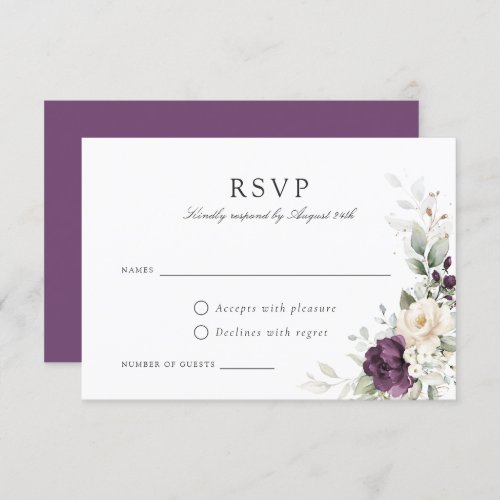 Floral Purple Greenery Gold Wedding RSVP Card