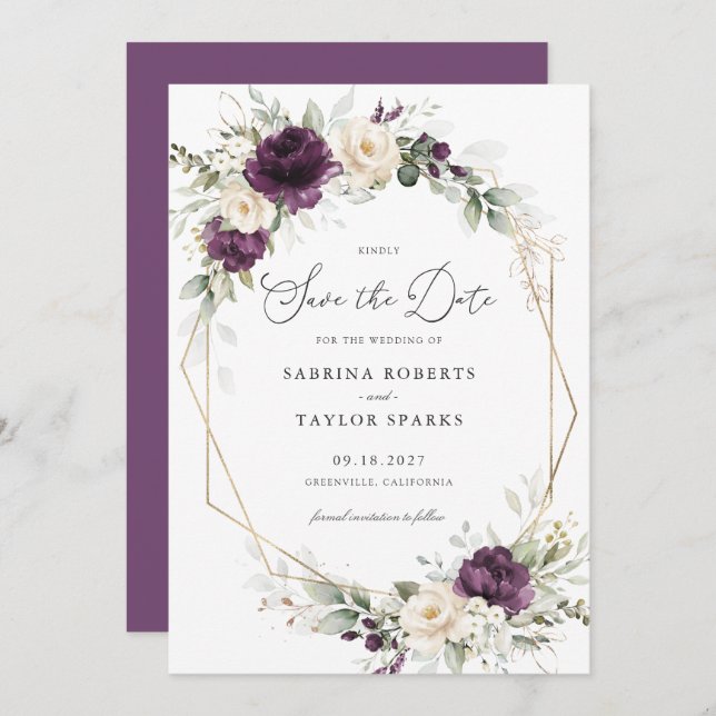 Floral Purple Greenery Gold Wedding Save The Date Invitation (Front/Back)
