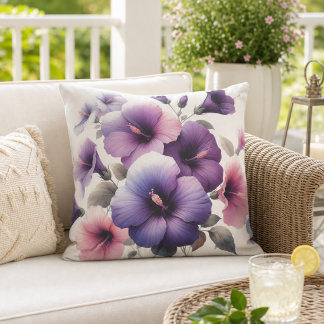 Floral Purple Hibiscus Flower Blooms Outdoor Pillow
