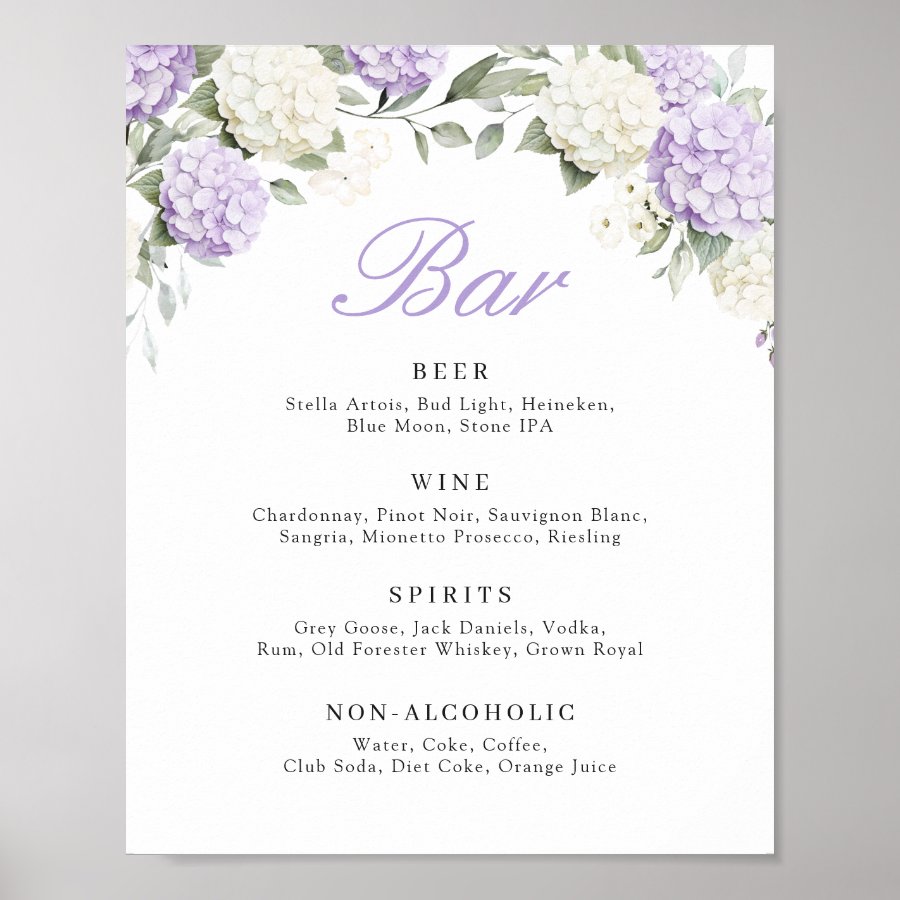 Floral Purple Hydrangea Greenery Wedding Bar Sign