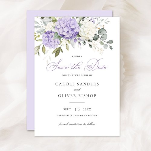Floral Purple Hydrangea Greenery Wedding Save Date Invitation