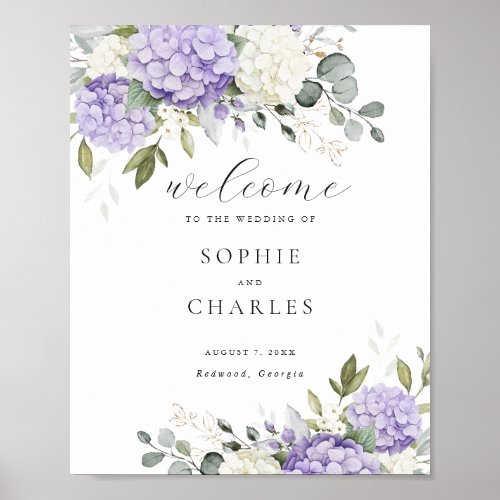 Floral Purple Hydrangea Greenery Wedding Welcome Poster