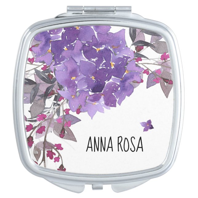 *~* Floral Purple Hydrangea Watercolor Popular Compact Mirror (Front)