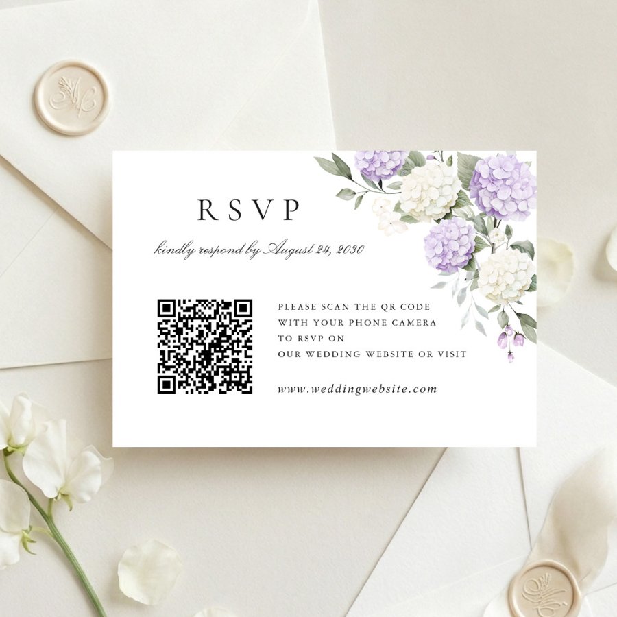 Floral Purple Hydrangea Wedding QR Code RSVP Card