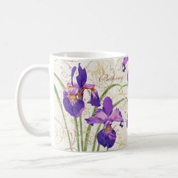 Floral Purple Iris Gold Damask Monogram Name Coffee Mug by ilovedigis at Zazzle