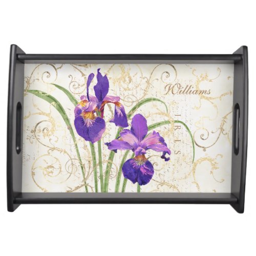 Floral Purple Iris Gold Damask Monogram Name Serving Tray