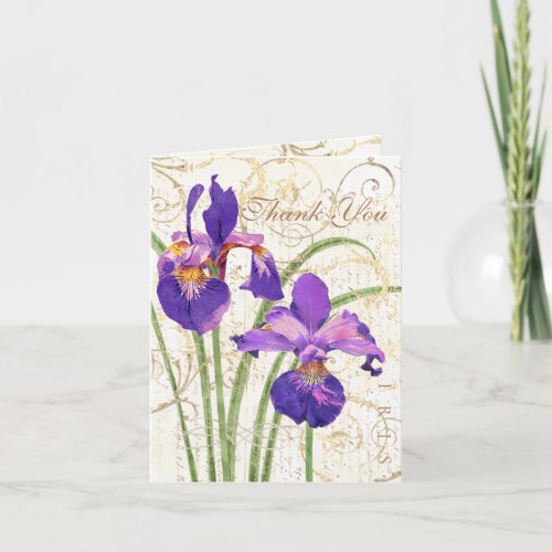 Floral Purple Iris Gold Damask White Thank You Card