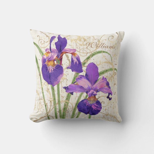 Floral Purple Iris Gold Monogram Name Throw Pillow (Front)