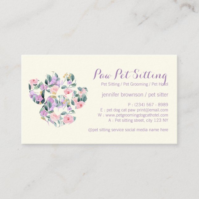 Floral Purple Ivory Pet Sitter Grooming Paw Business Card (Front)