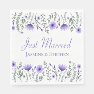 Floral Purple Just Married Wedding Flowers Napkins