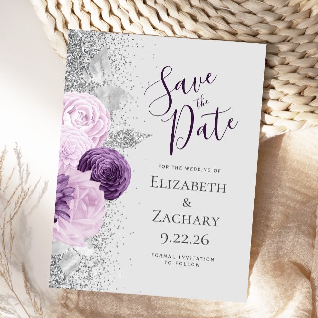 Floral Purple Lavender Gray Silver Glitter Postcard (Creator Uploaded)