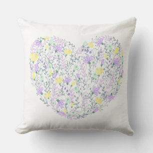 Floral Purple Lavender & Yellow Flowers Heart Love Throw Pillow