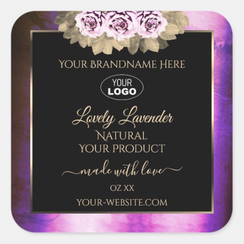 Floral Purple Marble Black Product Labels Add Logo