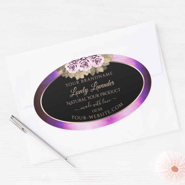 Floral Purple Marble Frame Black Product Labels (Envelope)
