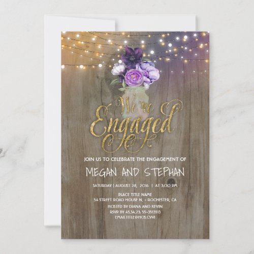 Floral Purple Mason Jar Rustic Engagement Party Invitation