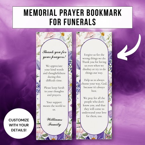 Floral Purple Memorial Prayer Card Bookmark