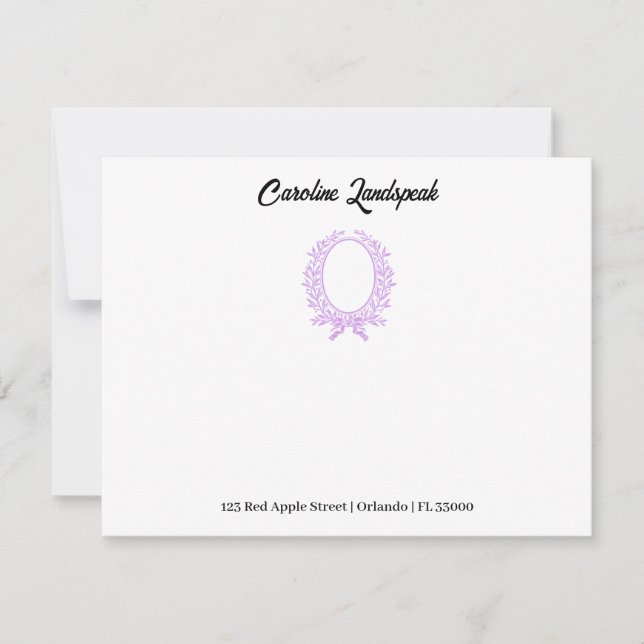 Floral Purple Mirror Monogrammed Note Card (Front)
