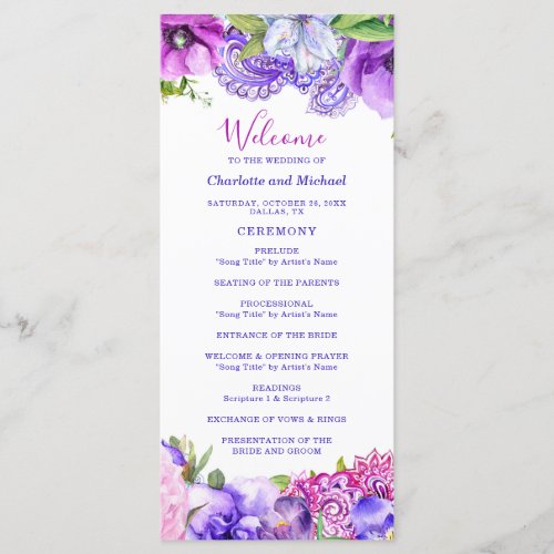 Floral Purple Paisley Chic Modern Boho Wedding Program