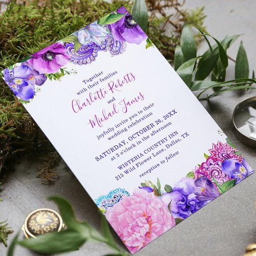 Floral Purple Paisley Watercolor Wedding Invitation