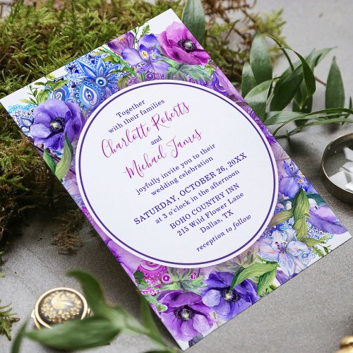 Floral Purple Paisley Watercolor Wedding Invitation