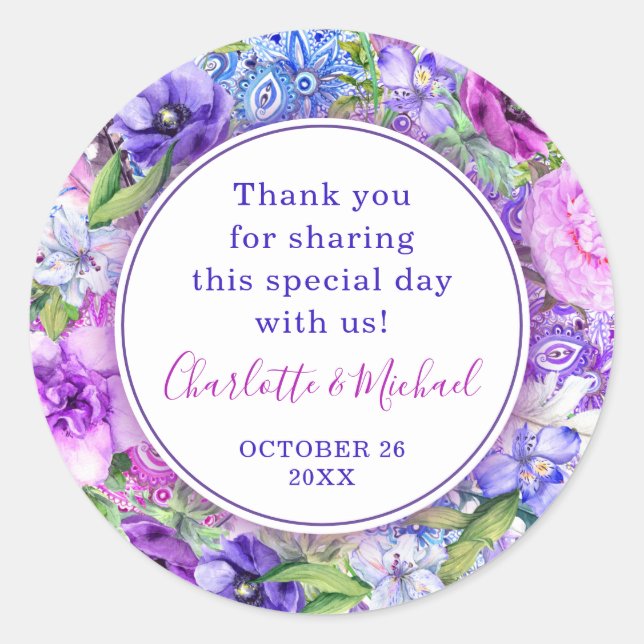 Floral Purple Paisley Watercolor Wedding Stickers (Front)