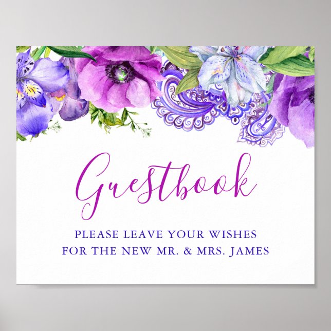 Floral Purple Paisley Wedding Guestbook Sign (Front)