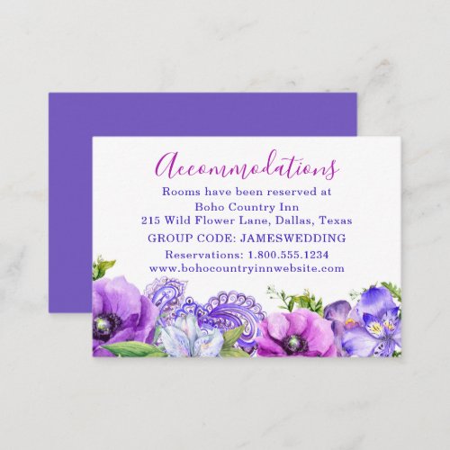 Floral Purple Paisley Wedding Hotel Accommodation Enclosure Card