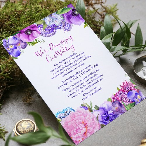 Floral Purple Paisley Were Downsizing Our Wedding Holiday Card