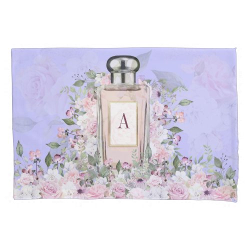 Floral Purple Perfume Bottle Monogram  Pillow Case