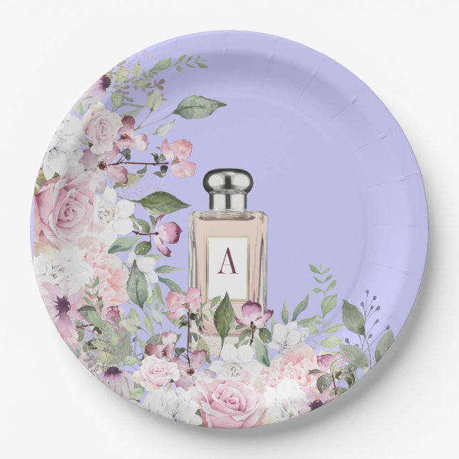 Floral Purple Perfume Bottle  Mothers Day Pretty  Paper Plates (Front)