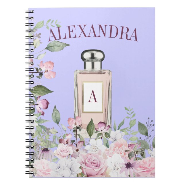 Floral Purple Perfume Bottle Pretty Monogram   Notebook (Front)