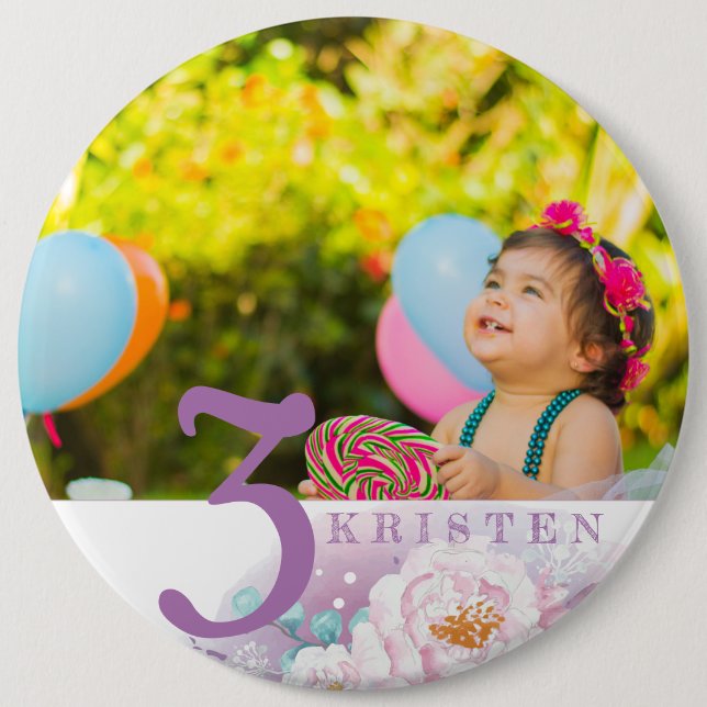 Floral purple personalized classic photo button (Front)