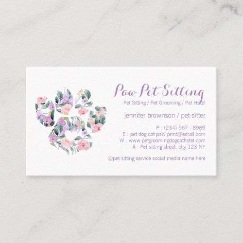 Floral Purple Pet Sitter Grooming Paw Business Card