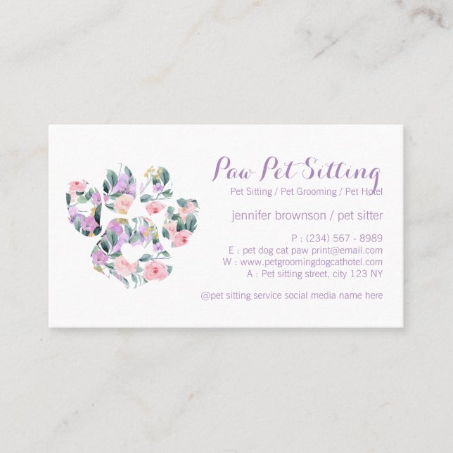 Floral Purple Pet Sitter Grooming Paw Business Card (Front)