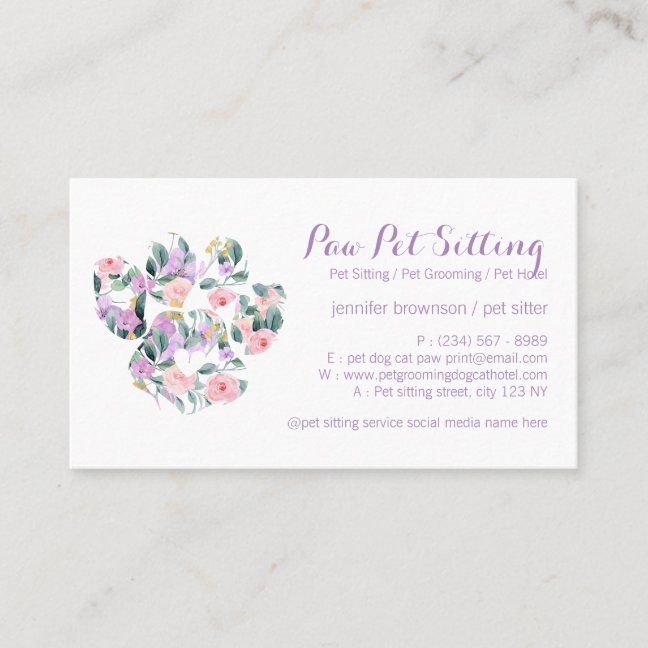 Floral Purple Pet Sitter Grooming Paw Business Card